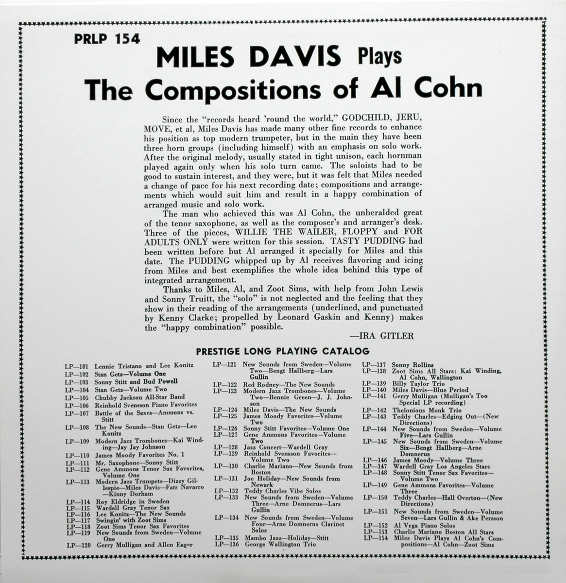 Miles Davis Plays the Compositions of Al Cohn (PRLP 154)