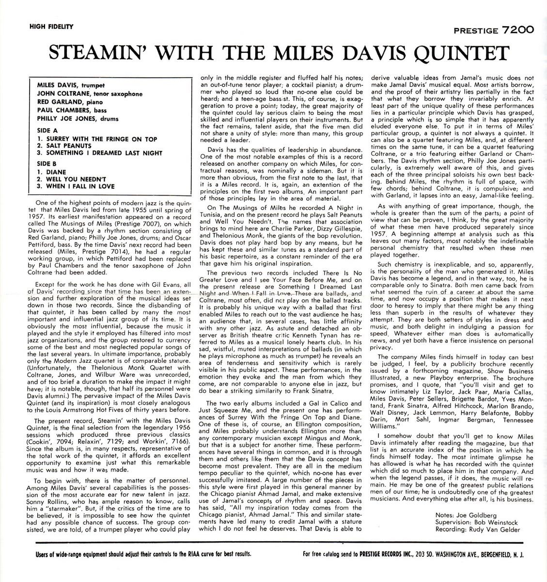 Steamin' with the Miles Davis Quintet (PRLP 7200)